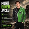 Custom Men's Black & Green Cowhide Leather Biker Jacket with Studded & Two Tone Detailing, Punk Rock