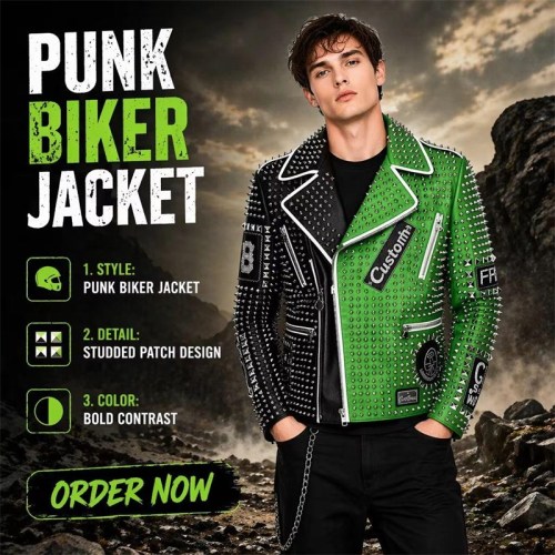 Custom Men's Black & Green Cowhide Leather Biker Jacket with Studded & Two Tone Detailing, Punk Rock