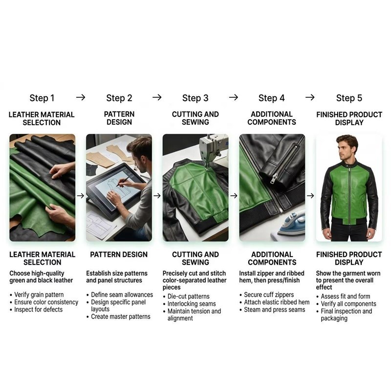 Custom Men's Black & Green Cowhide Leather Biker Jacket with Quilted & Two Tone Detailing