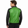 Custom Men's Black & Green Cowhide Leather Biker Jacket with Quilted & Two Tone Detailing