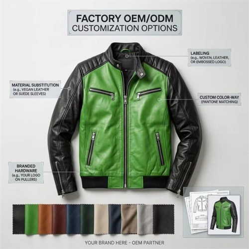 Custom Men's Black & Green Cowhide Leather Biker Jacket with Quilted & Two Tone Detailing