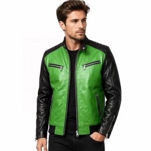 Custom Men's Black & Green Cowhide Leather Biker Jacket with Quilted & Two Tone Detailing