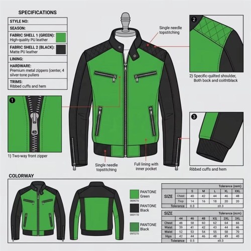 Custom Men's Black & Green Cowhide Leather Biker Jacket with Quilted & Two Tone Detailing