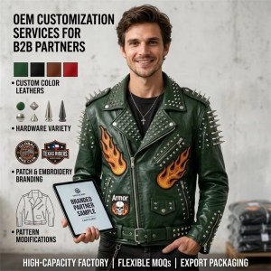 Custom Men's Green Leather Biker Jacket with Studded Detailing, Punk Rock & Streetwear