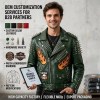 Custom Men's Green Leather Biker Jacket with Studded Detailing, Punk Rock & Streetwear