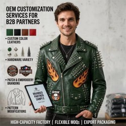 Custom Men's Green Leather Biker Jacket with Studded Detailing, Punk Rock & Streetwear