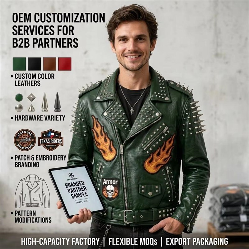 Custom Men's Green Leather Biker Jacket with Studded Detailing, Punk Rock & Streetwear