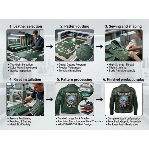 Custom Men's Green Leather Biker Jacket with Studded Detailing, Punk Rock & Streetwear