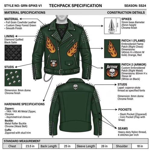 Custom Men's Green Leather Biker Jacket with Studded Detailing, Punk Rock & Streetwear