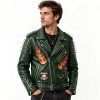 Custom Men's Green Leather Biker Jacket with Studded Detailing, Punk Rock & Streetwear
