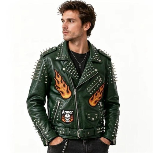 Custom Men's Green Leather Biker Jacket with Studded Detailing, Punk Rock & Streetwear