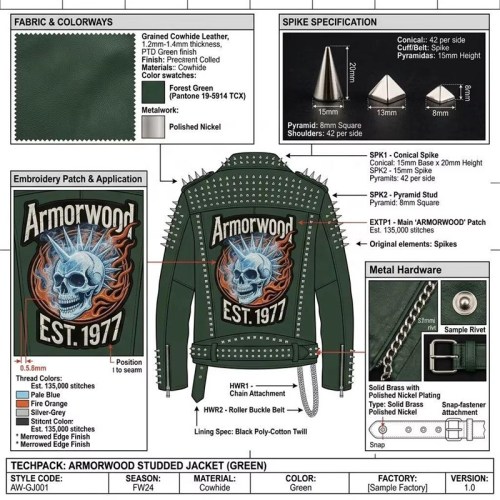 Custom Men's Green Leather Biker Jacket with Studded Detailing, Punk Rock & Streetwear