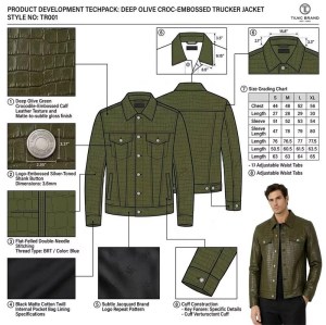 Custom Men's Green & Olive Leather Trucker Jacket with Crocodile Texture Detailing, Slim Fit
