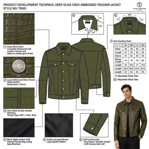 Custom Men's Green & Olive Leather Trucker Jacket with Crocodile Texture Detailing, Slim Fit