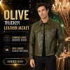 Custom Men's Green & Olive Leather Trucker Jacket with Crocodile Texture Detailing, Slim Fit