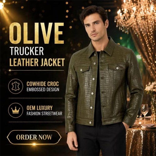 Custom Men's Green & Olive Leather Trucker Jacket with Crocodile Texture Detailing, Slim Fit