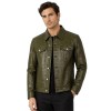Custom Men's Green & Olive Leather Trucker Jacket with Crocodile Texture Detailing, Slim Fit