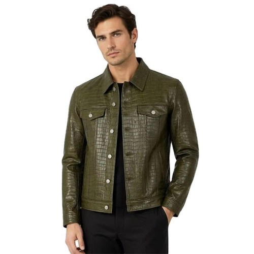 Custom Men's Green & Olive Leather Trucker Jacket with Crocodile Texture Detailing, Slim Fit