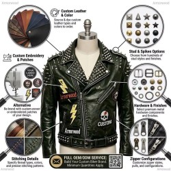 Custom Men's Green Leather Biker Jacket with Studded & Spiked Detailing, Punk Rock