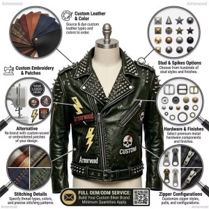 Custom Men's Green Leather Biker Jacket with Studded & Spiked Detailing, Punk Rock