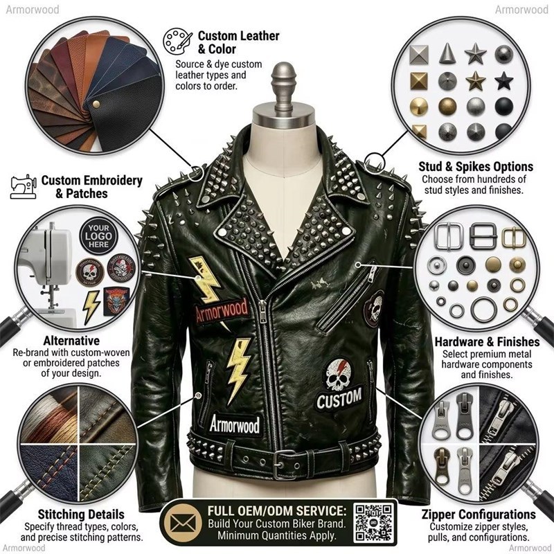 Custom Men's Green Leather Biker Jacket with Studded & Spiked Detailing, Punk Rock