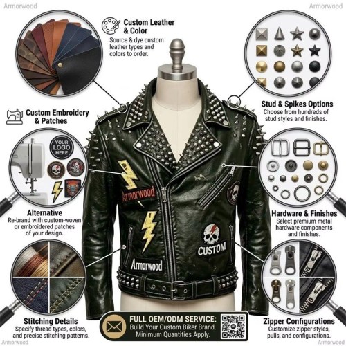 Custom Men's Green Leather Biker Jacket with Studded & Spiked Detailing, Punk Rock