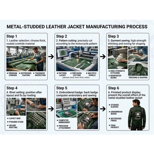 Custom Men's Green Leather Biker Jacket with Studded & Spiked Detailing, Punk Rock