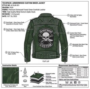 Custom Men's Green Leather Biker Jacket with Studded & Spiked Detailing, Punk Rock