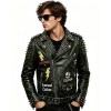 Custom Men's Green Leather Biker Jacket with Studded & Spiked Detailing, Punk Rock
