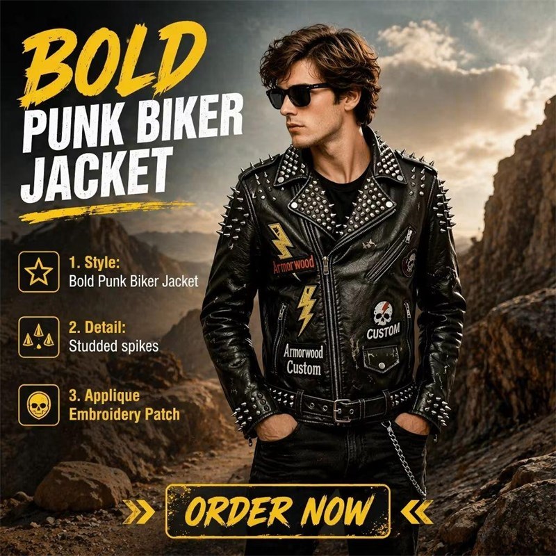 OEM Studded Spikes Embroidery Biker Motorcycle Coat