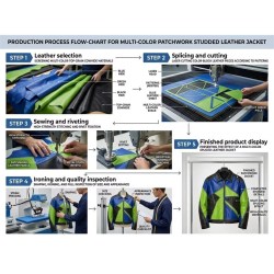 Custom Men's Green & Blue Leather Biker Jacket with Studded & Two Tone Detailing, Geometric