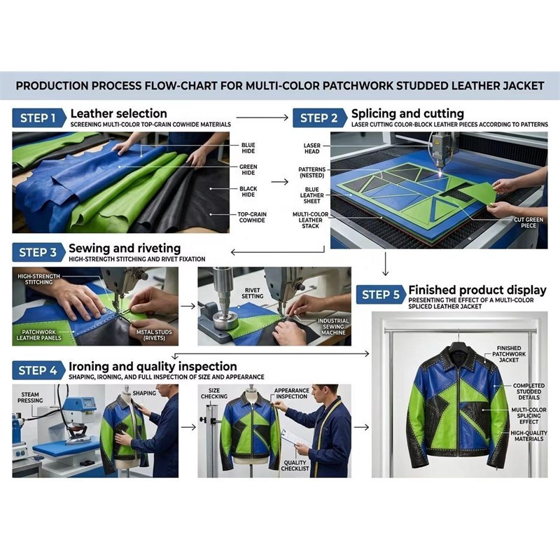 Custom Men's Green & Blue Leather Biker Jacket with Studded & Two Tone Detailing, Geometric