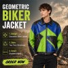 Custom Men's Green & Blue Leather Biker Jacket with Studded & Two Tone Detailing, Geometric
