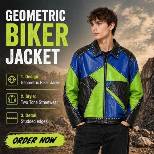 Custom Men's Green & Blue Leather Biker Jacket with Studded & Two Tone Detailing, Geometric