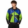 Custom Men's Green & Blue Leather Biker Jacket with Studded & Two Tone Detailing, Geometric