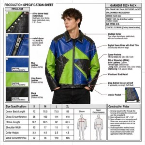 Custom Men's Green & Blue Leather Biker Jacket with Studded & Two Tone Detailing, Geometric