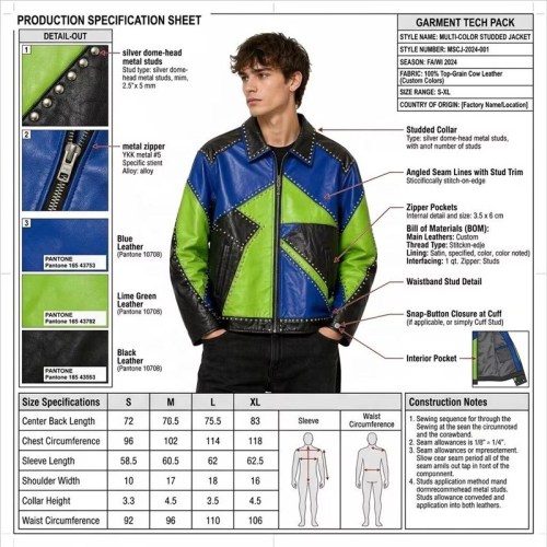 Custom Men's Green & Blue Leather Biker Jacket with Studded & Two Tone Detailing, Geometric