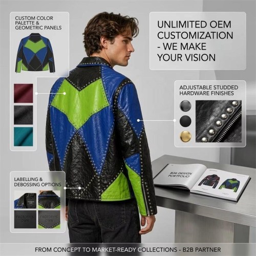 Custom Men's Green & Blue Leather Biker Jacket with Studded & Two Tone Detailing, Geometric