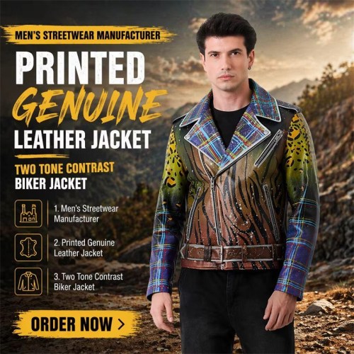 Custom Men's Lambskin Leather Biker Jacket with Printed & Hand Painted Detailing