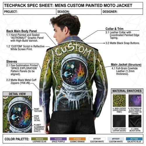 Custom Men's Lambskin Leather Biker Jacket with Printed & Hand Painted Detailing