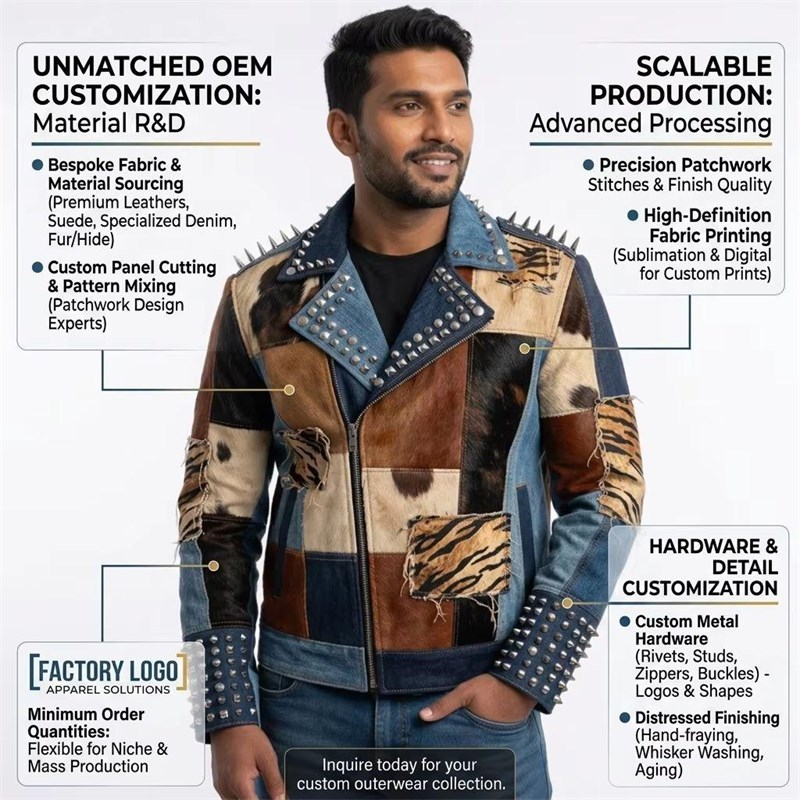 Custom Men's Leather Biker Jacket with Studded & Spiked Detailing, Denim & Punk Rock