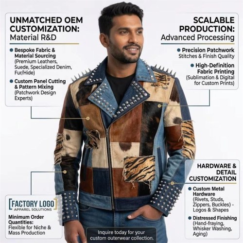 Custom Men's Leather Biker Jacket with Studded & Spiked Detailing, Denim & Punk Rock