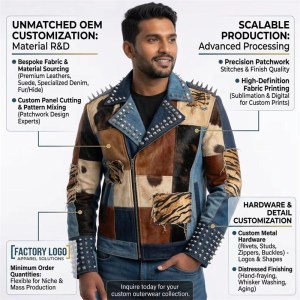 Custom Men's Leather Biker Jacket with Studded & Spiked Detailing, Denim & Punk Rock