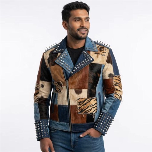 Custom Men's Leather Biker Jacket with Studded & Spiked Detailing, Denim & Punk Rock