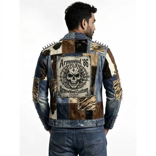 Custom Men's Leather Biker Jacket with Studded & Spiked Detailing, Denim & Punk Rock