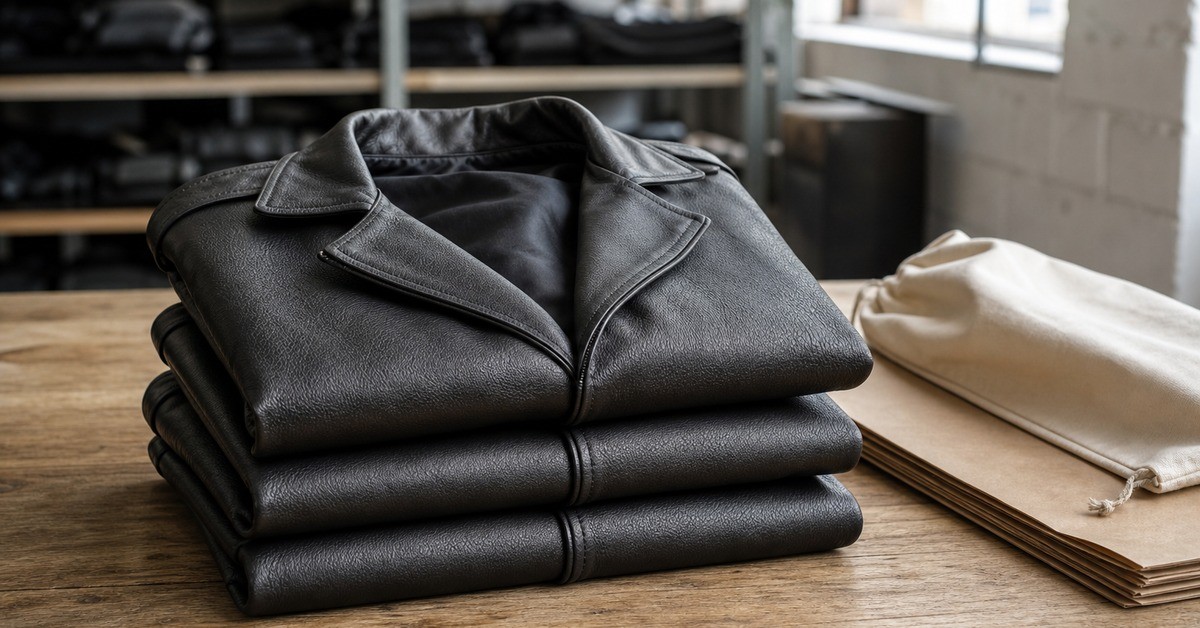 Folded men's leather jackets stacked on a packing bench in a leather jacket workshop