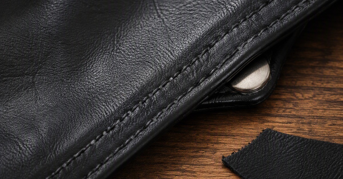Close view of leather jacket stitching along a sleeve seam on a workshop bench