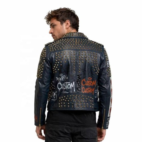 Custom Men's Leather Biker Jacket with Studded & Printed Detailing, Graffiti & Punk Rock