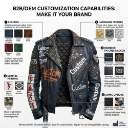 Custom Men's Leather Biker Jacket with Studded & Printed Detailing, Graffiti & Punk Rock
