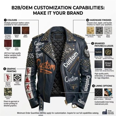Custom Men's Leather Biker Jacket with Studded & Printed Detailing, Graffiti & Punk Rock